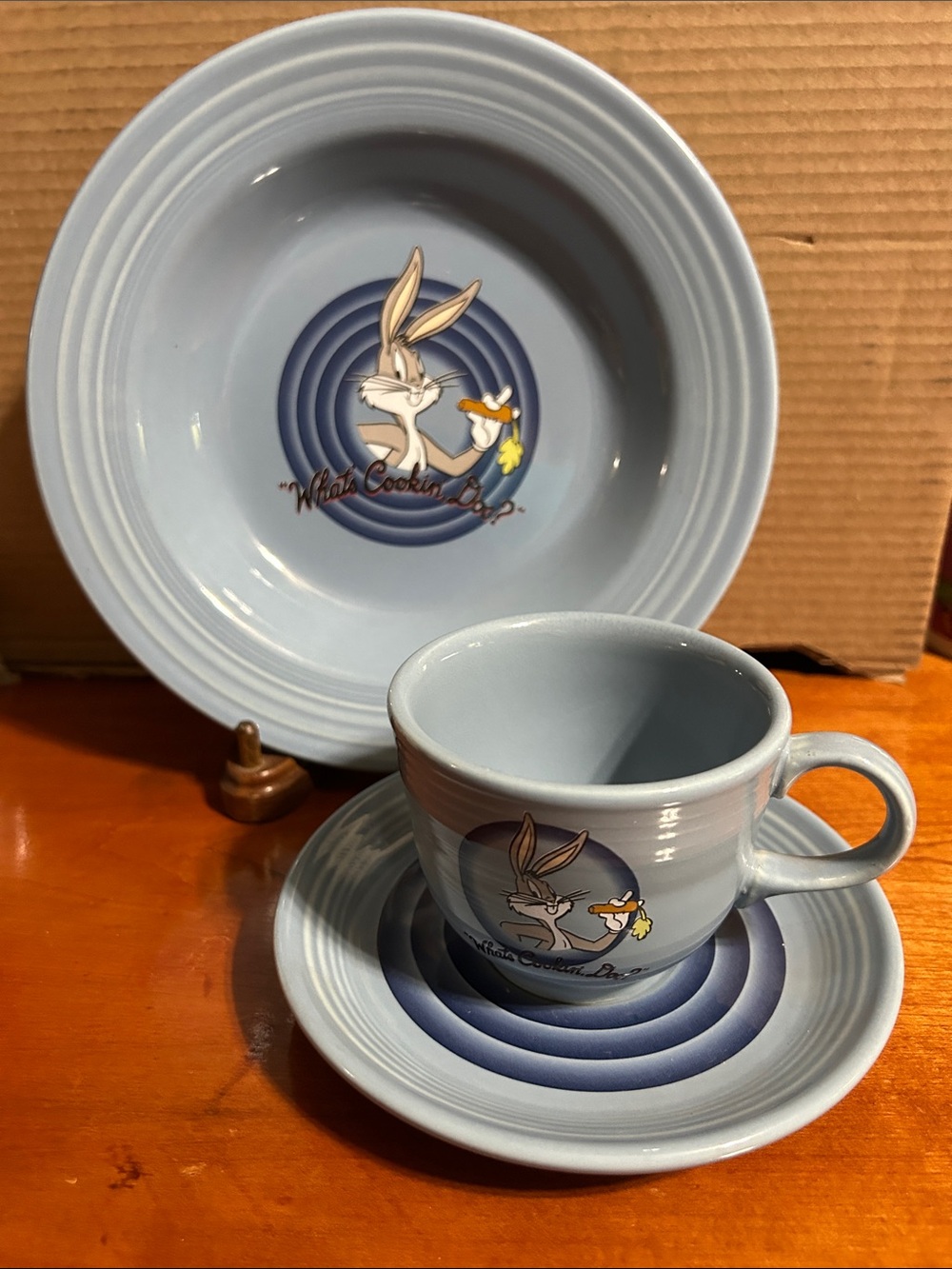 Vintage fiesta Bugs Bunny Ceramic Cup, Saucer & Bowl with stand